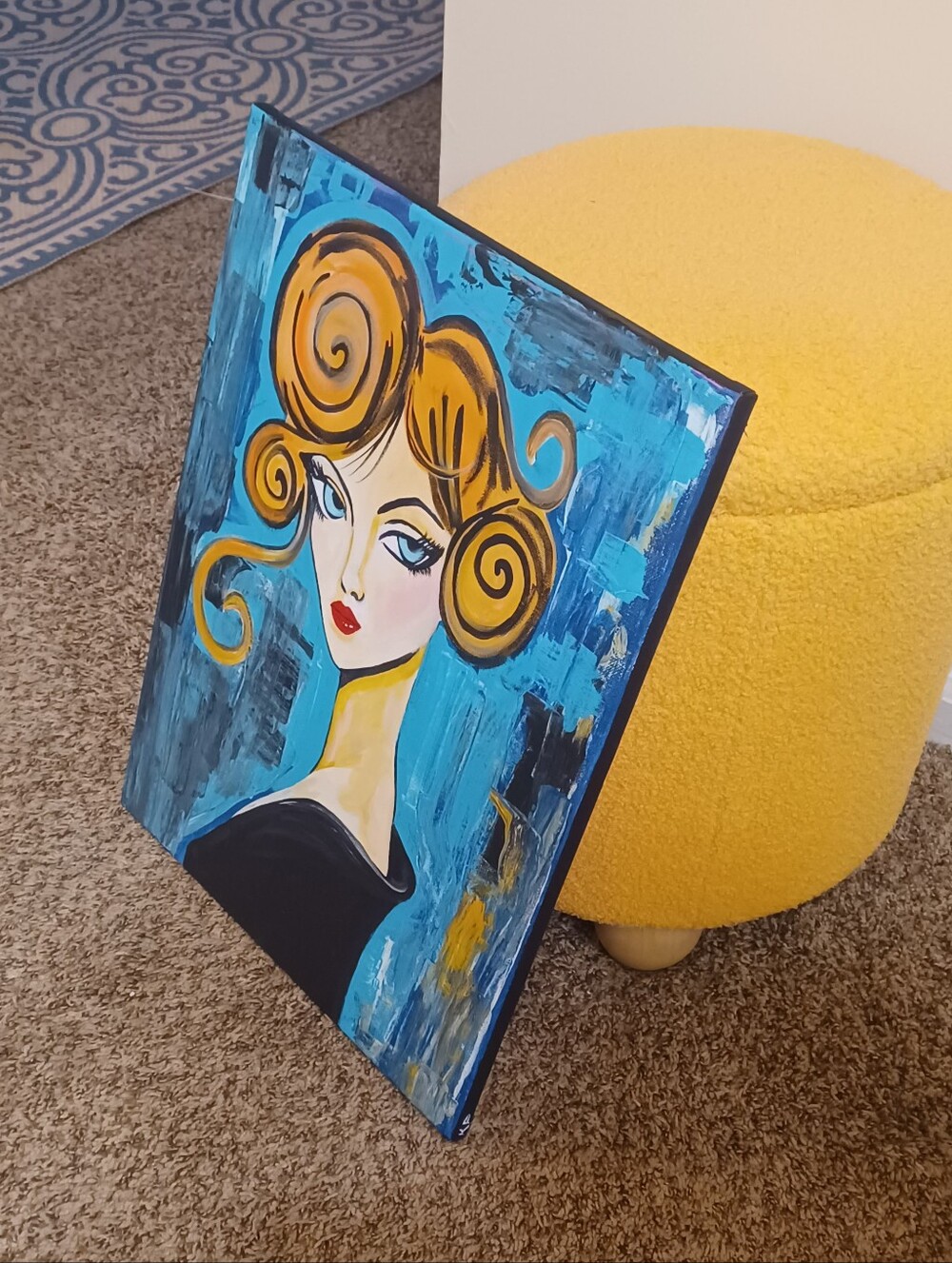 Original Acrylic Turquoise Background Portrait Painting with Gold Hair - Picture 5 of 7